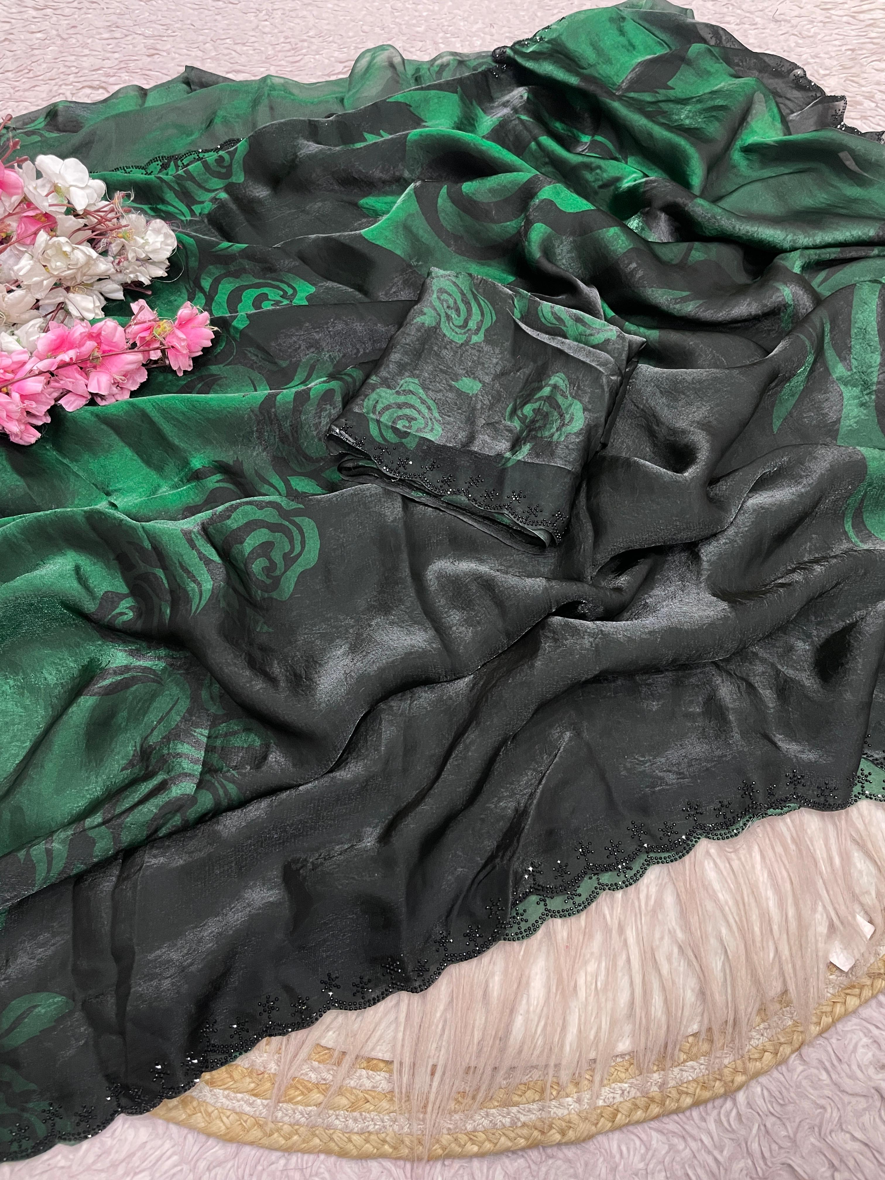 Emerald Bloom Space Silk Digital Floral Jarkan Work Saree